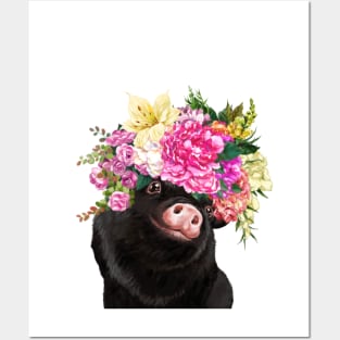 Flower Crown Baby Black Pig Posters and Art